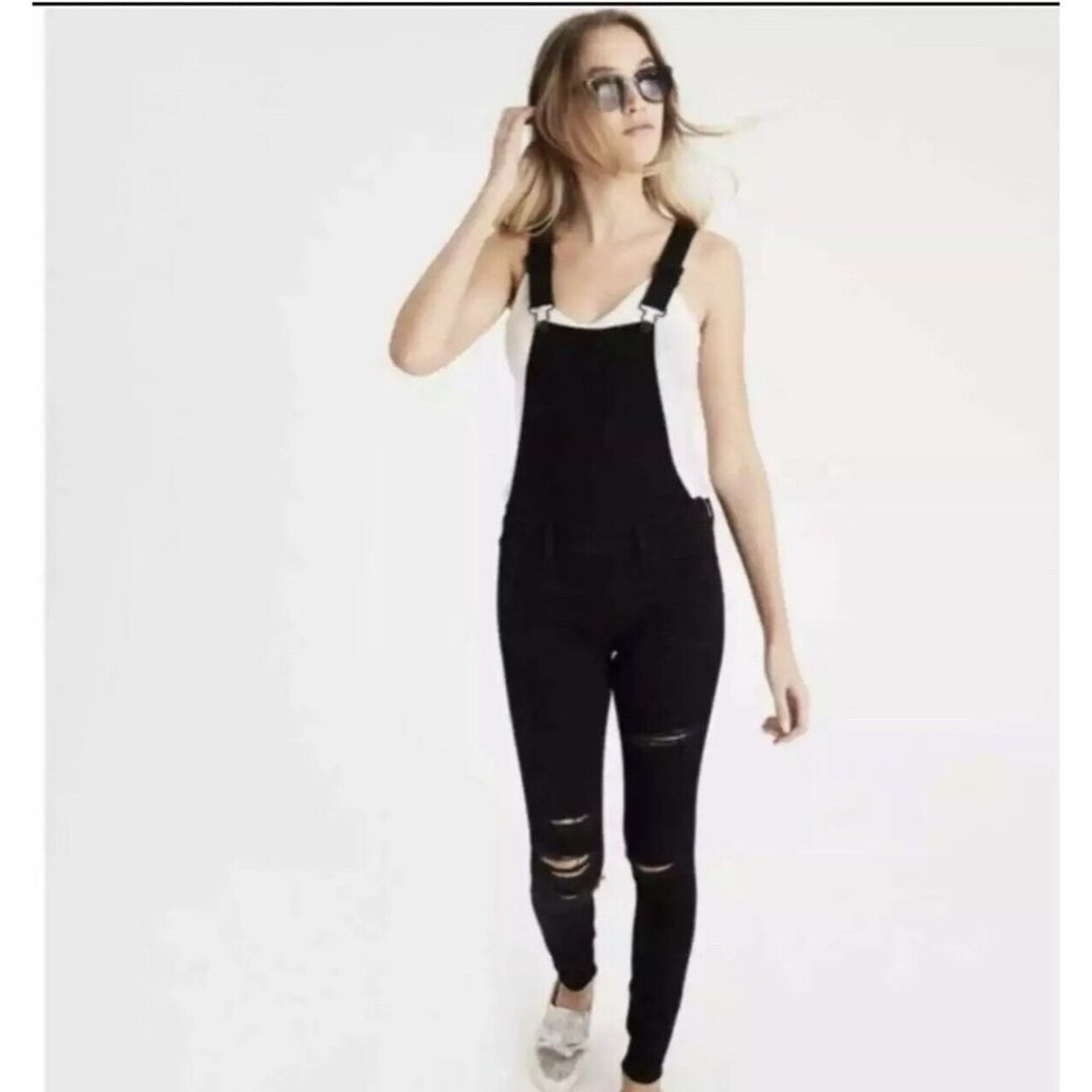 American Eagle 14 Long Jegging Overalls Black Bib Distressed Super Stretch X 14